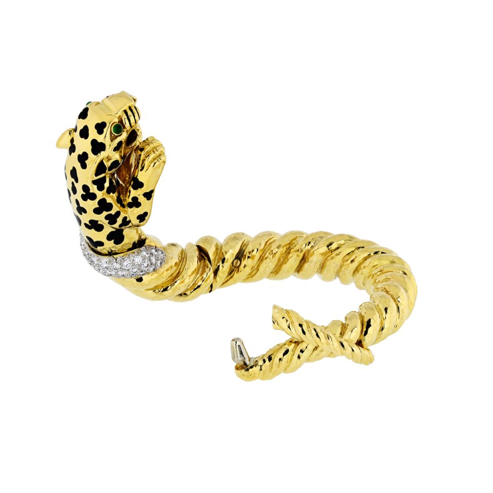 David Webb Leopard Platinum & 18K Yellow Gold Spotted Bangle Diamond Bracelet — view 5 — Laura Milman New York