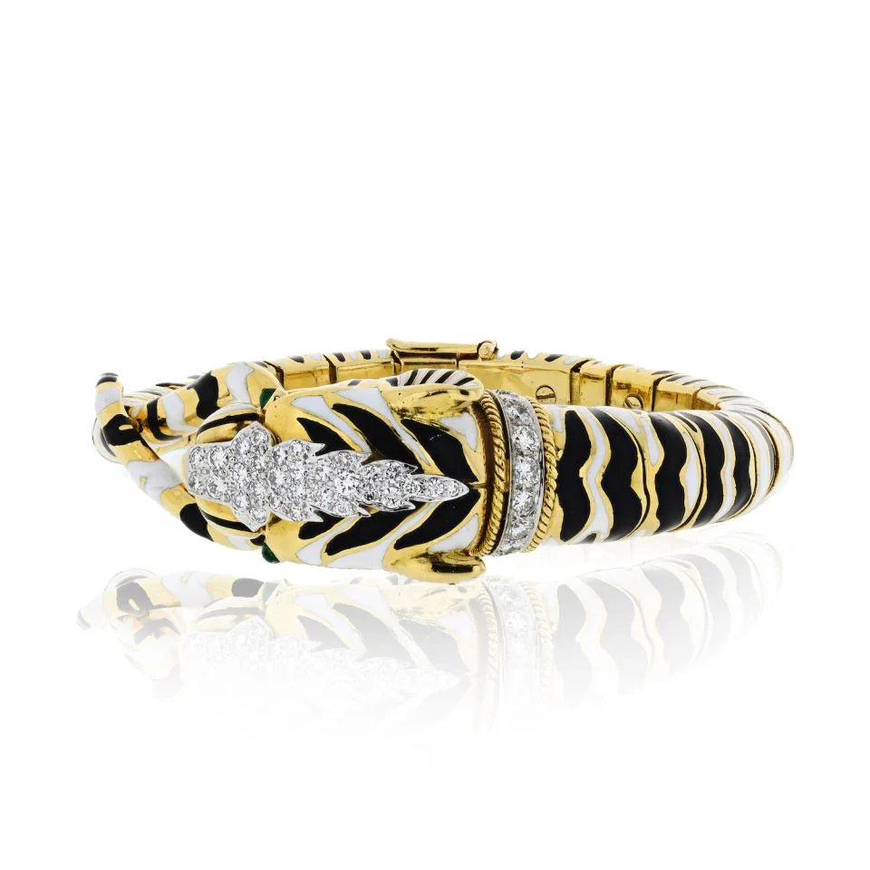 David Webb Tiger Platinum & 18K Yellow Gold Enamel Stripped Bracelet — view 2 — Laura Milman New York