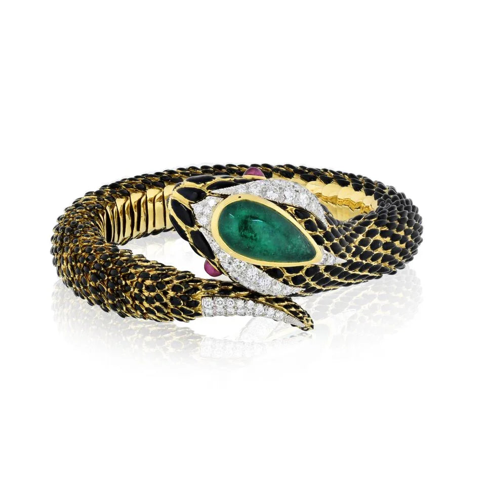 David Webb Snake Platinum & 18K Yellow Gold Diamonds Green Cabochon Red Ruby Bracelet — view 2 — Laura Milman New York