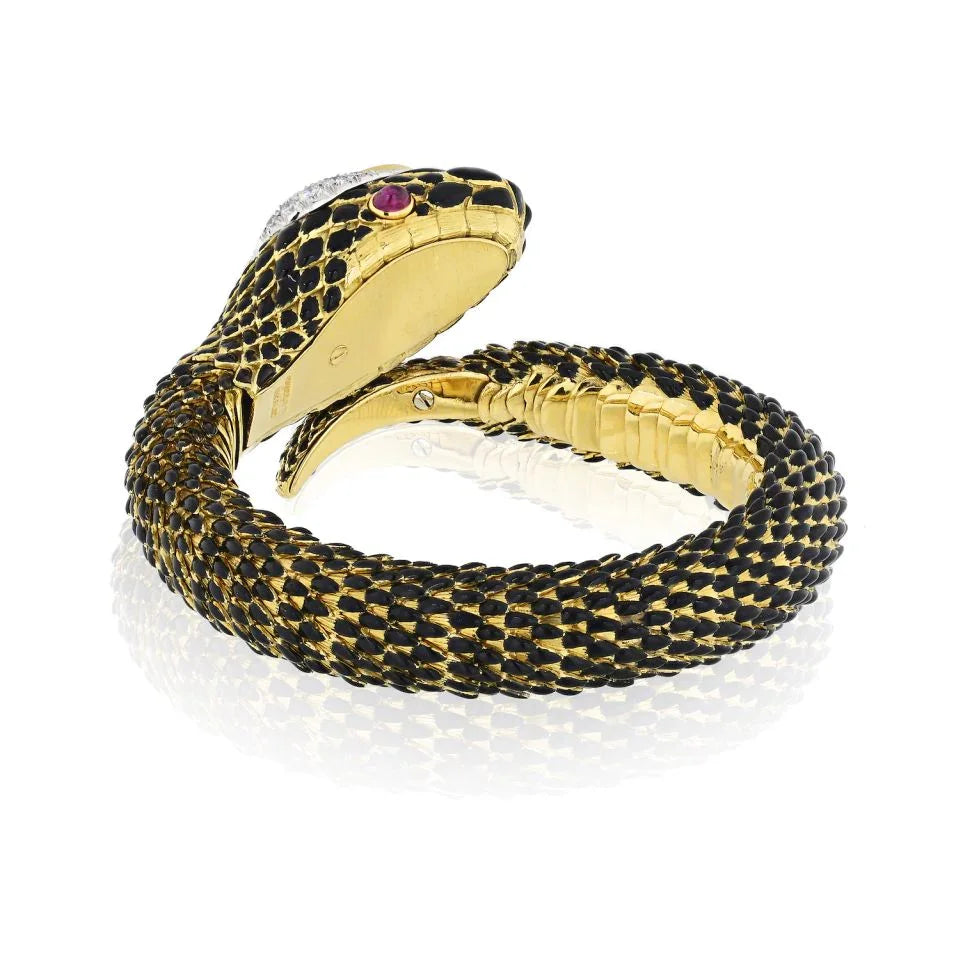 David Webb Snake Platinum & 18K Yellow Gold Diamonds Green Cabochon Red Ruby Bracelet — view 3 — Laura Milman New York