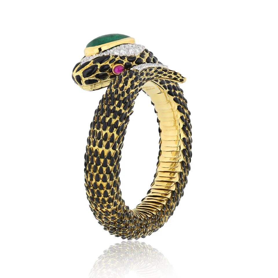 David Webb Snake Platinum & 18K Yellow Gold Diamonds Green Cabochon Red Ruby Bracelet — Laura Milman New York