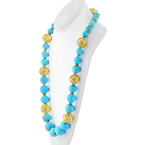David Webb Turquoise Platinum & 18K Yellow Gold Large Bead Strand Necklace — view 2