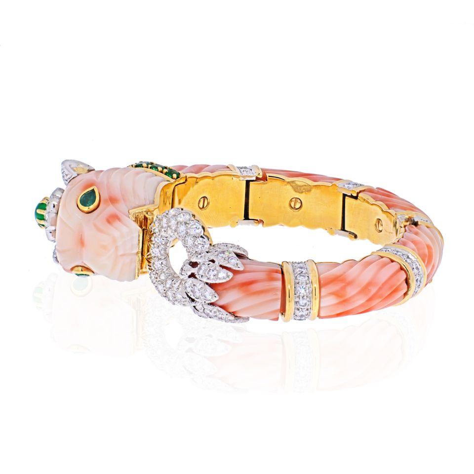 David Webb Coral 18K Yellow Gold Angel Skin Chimeral & Diamond Bracelet — view 2 — Laura Milman New York