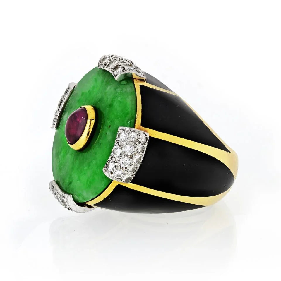 David Webb Jade Platinum & 18K Yellow Gold Black Enamel, Diamonds, Ruby Ring — view 3 — Laura Milman New York