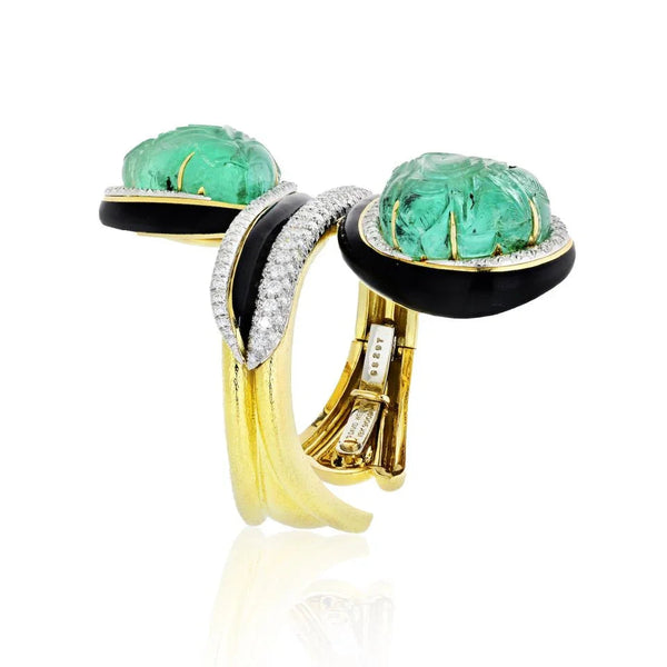 David Webb Crossover Platinum & 18K Yellow Gold Carved Emerald And Diamond Bracelet — view 2