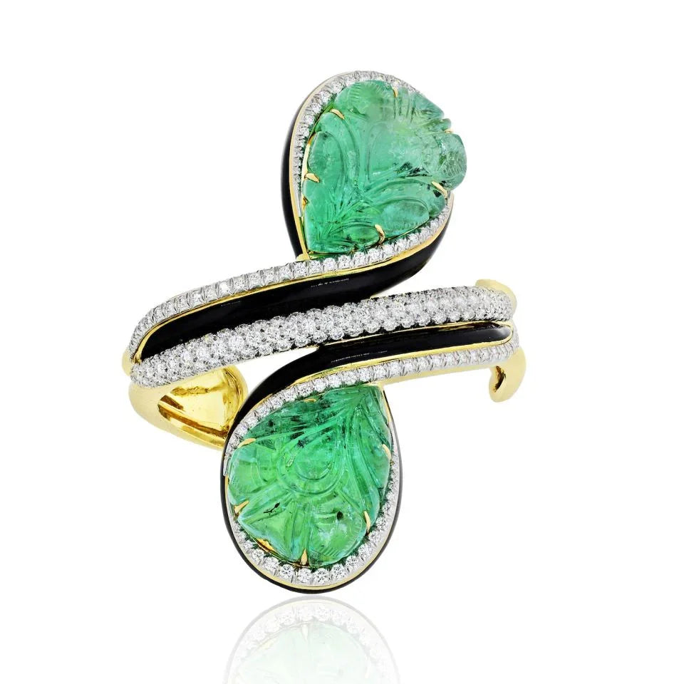 David Webb Crossover Platinum & 18K Yellow Gold Carved Emerald And Diamond Bracelet — Laura Milman New York