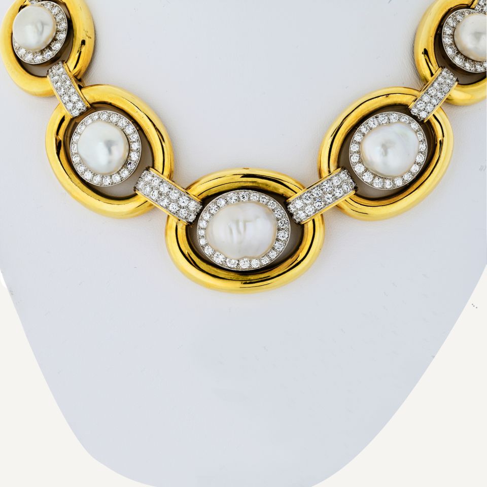 David Webb Pearl Platinum & 18K Yellow Gold Baraque Pearl And Diamond Collar Necklace — view 3 — Laura Milman New York