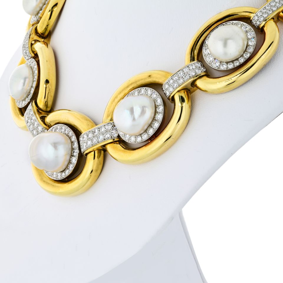 David Webb Pearl Platinum & 18K Yellow Gold Baraque Pearl And Diamond Collar Necklace — view 4 — Laura Milman New York