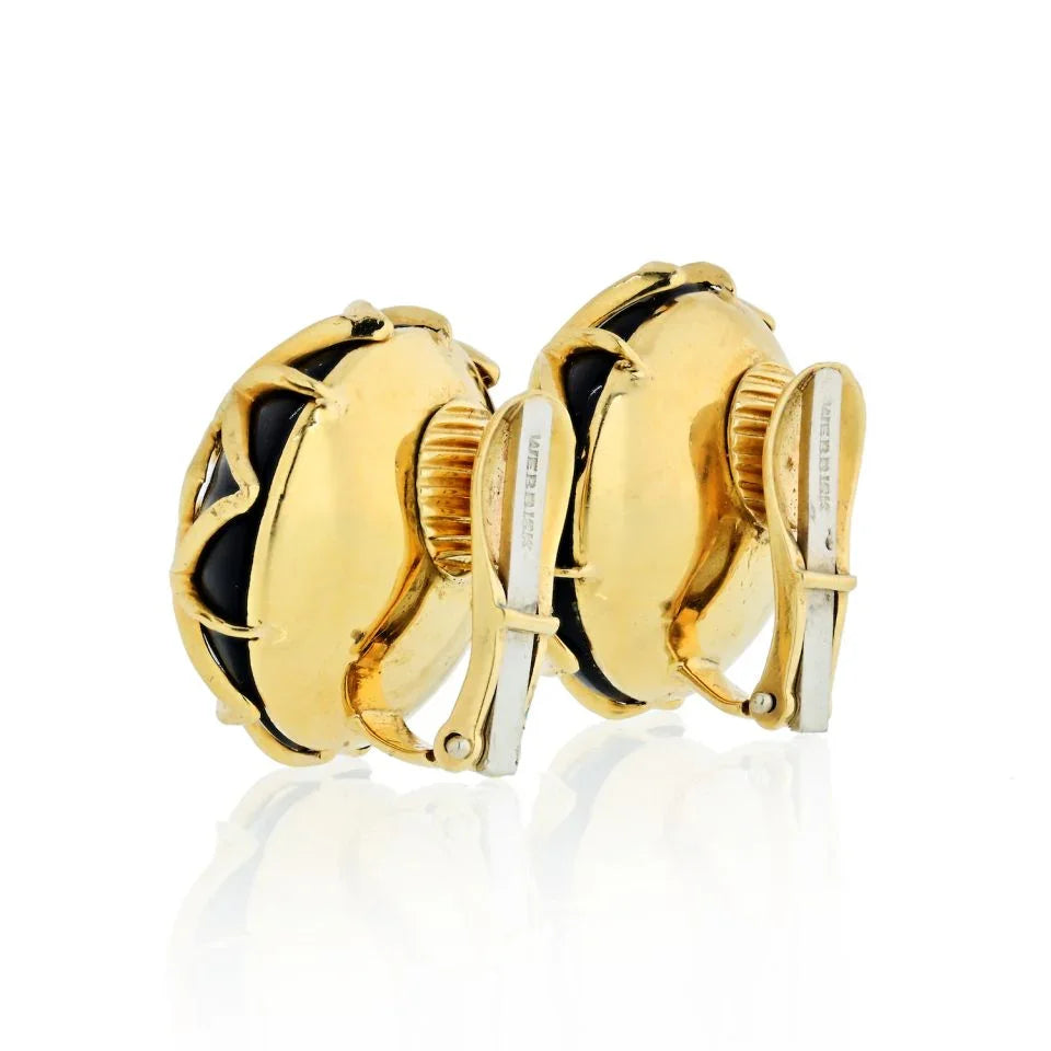 David Webb Snowflake Platinum & 18K Yellow Gold Onyx Webb Earrings — view 3 — Laura Milman New York