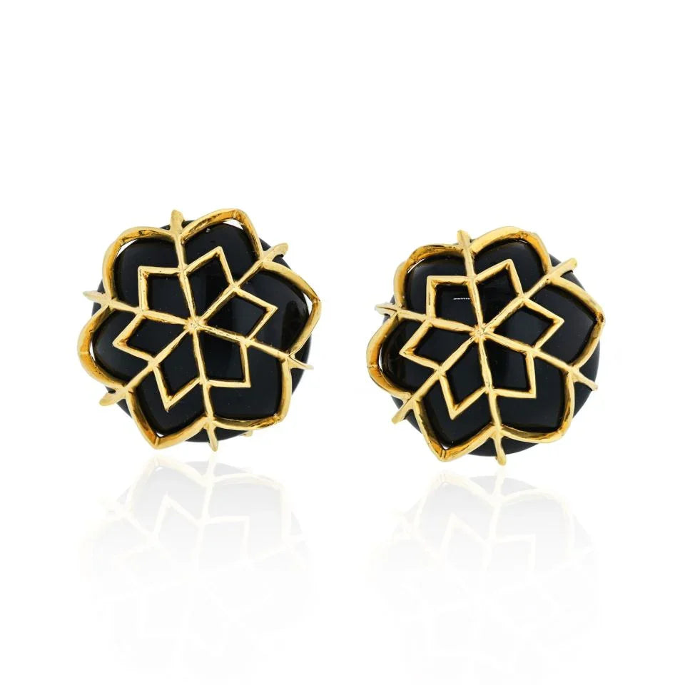 David Webb Snowflake Platinum & 18K Yellow Gold Onyx Webb Earrings — Laura Milman New York