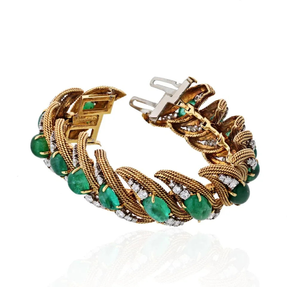 David Webb Platinum & 18K Yellow Gold Diamonds, Cabochon Emeralds Bracelet — view 4 — Laura Milman New York