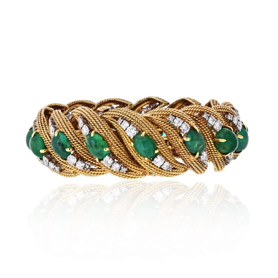 David Webb Platinum & 18K Yellow Gold Diamonds, Cabochon Emeralds Bracelet — Laura Milman New York
