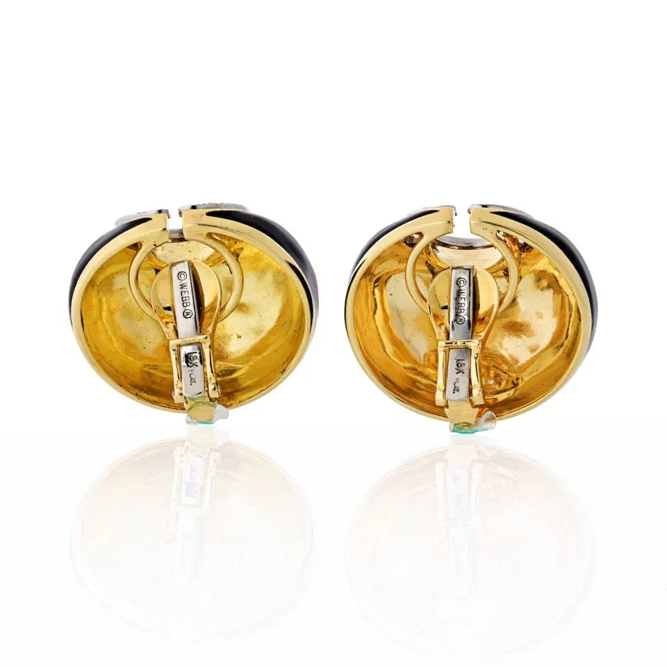 David Webb Crescent Platinum & 18K Yellow Gold Black Enamel & Diamonds Earrings — view 4 — Laura Milman New York