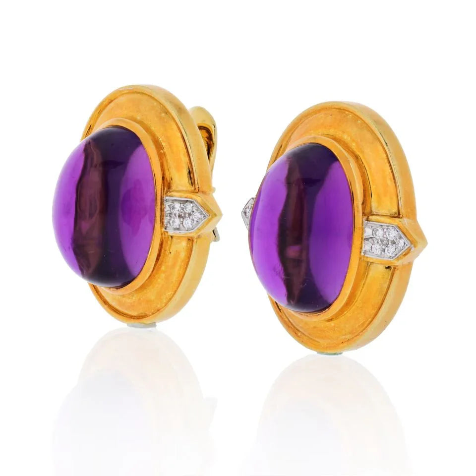 David Webb Platinum & 18K Yellow Gold Cabochon Amethyst And Diamonds Earrings — view 2 — Laura Milman New York