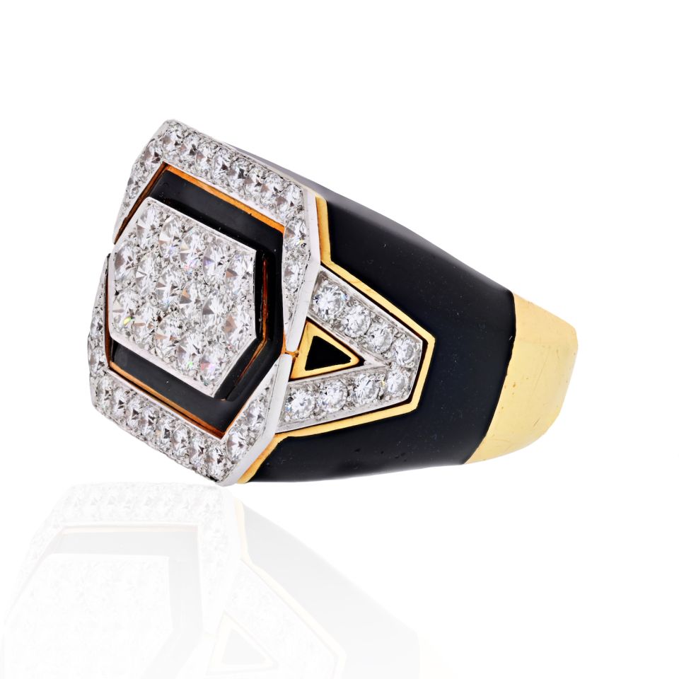 David Webb Platinum & 18K Yellow Gold Black Enamel And Diamond Ring — view 2 — Laura Milman New York