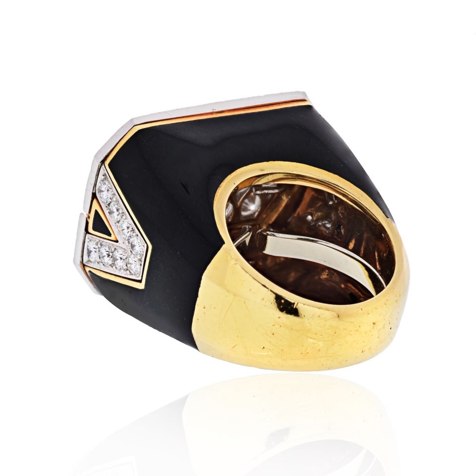 David Webb Platinum & 18K Yellow Gold Black Enamel And Diamond Ring — view 3 — Laura Milman New York