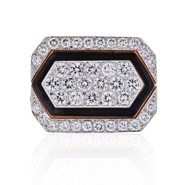 David Webb Platinum & 18K Yellow Gold Black Enamel And Diamond Ring
