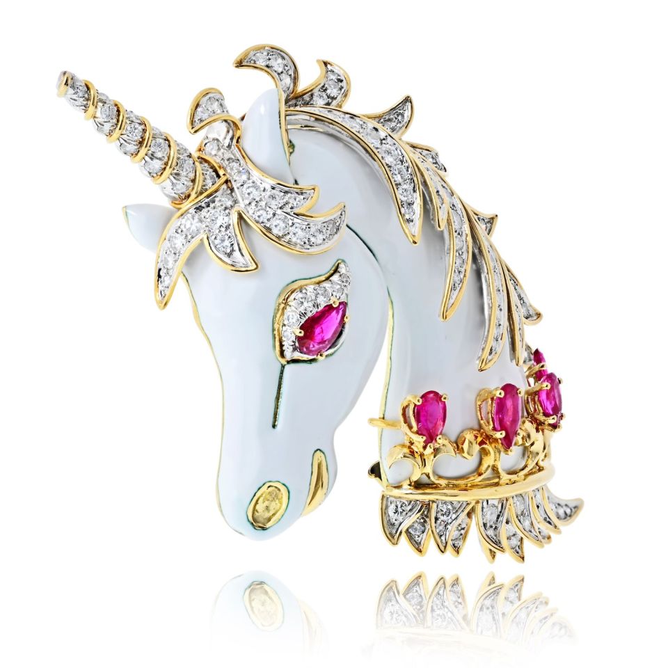 David Webb Unicorn 18K Yellow Gold White Enamel, Diamonds And Rubies Brooch — view 2 — Laura Milman New York