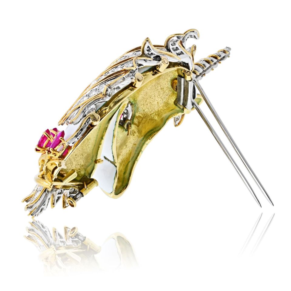 David Webb Unicorn 18K Yellow Gold White Enamel, Diamonds And Rubies Brooch — view 4 — Laura Milman New York
