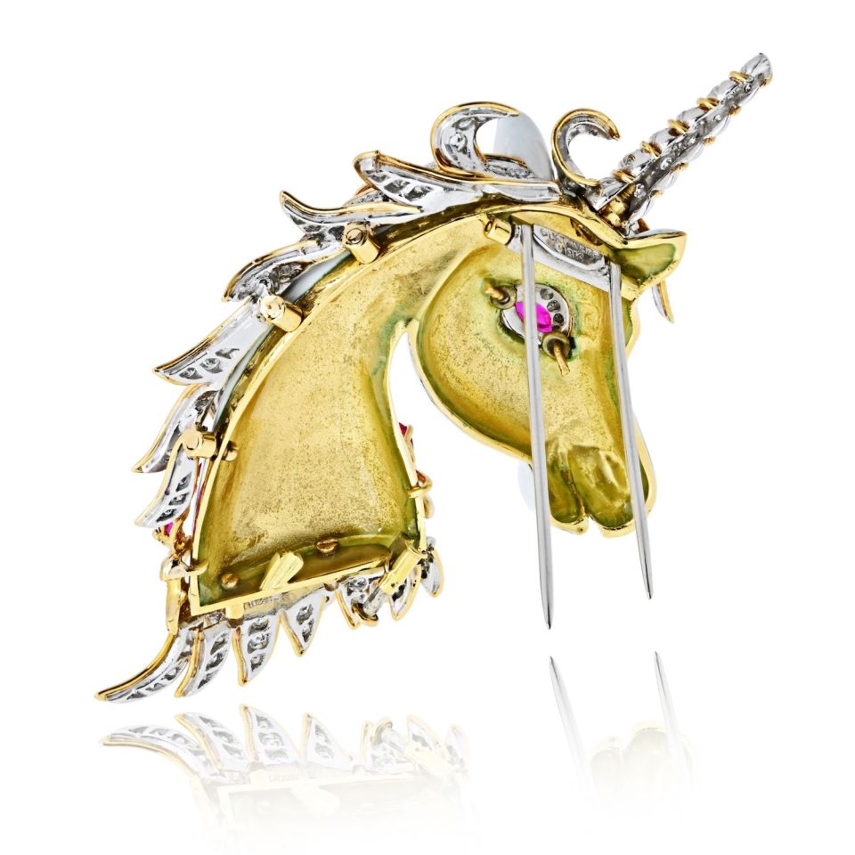 David Webb Unicorn 18K Yellow Gold White Enamel, Diamonds And Rubies Brooch — view 5 — Laura Milman New York