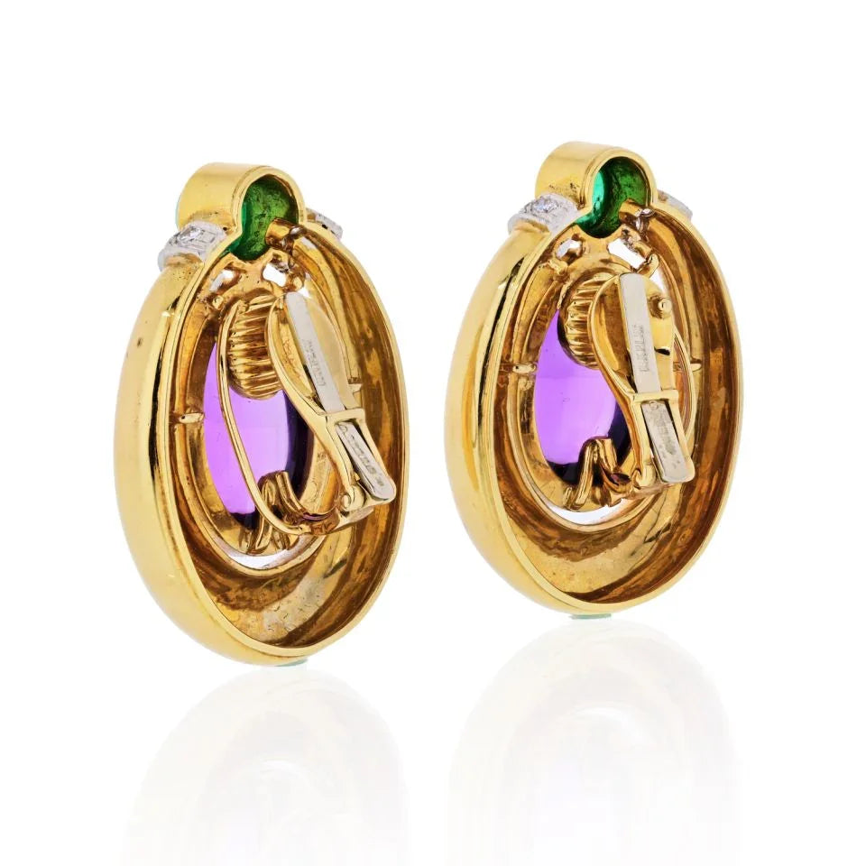 David Webb Platinum & 18K Yellow Gold Cabochon Amethyst, Diamond And Emerald Earrings — view 3 — Laura Milman New York