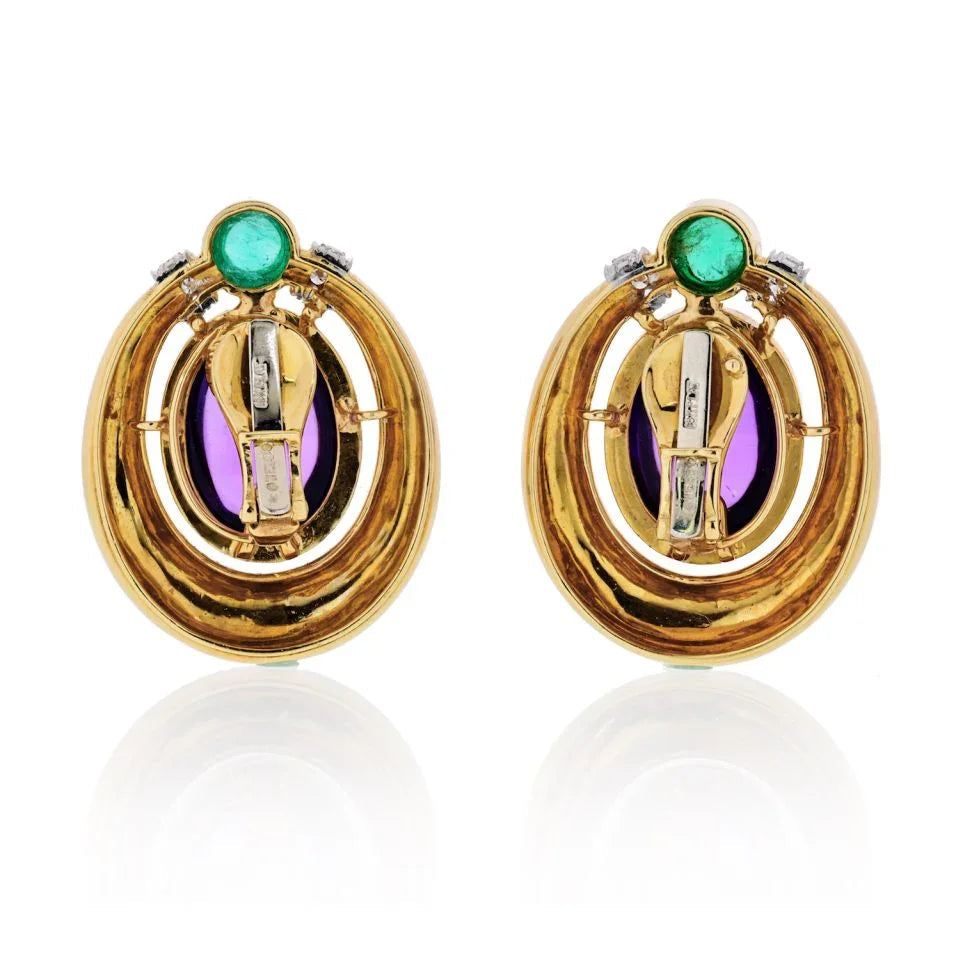 David Webb Platinum & 18K Yellow Gold Cabochon Amethyst, Diamond And Emerald Earrings — view 4 — Laura Milman New York
