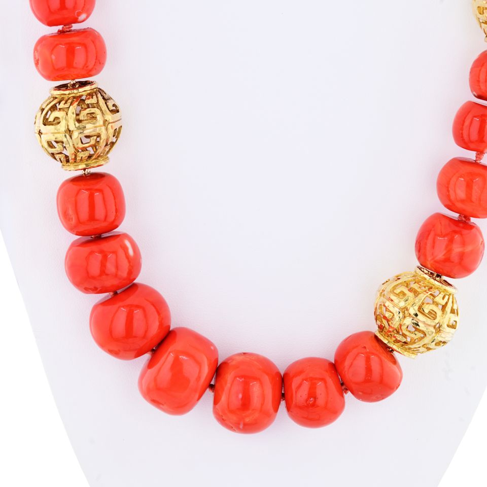 David Webb Coral 18K Yellow Gold Large Coral Balls String Circa 1960s Necklace — view 3 — Laura Milman New York
