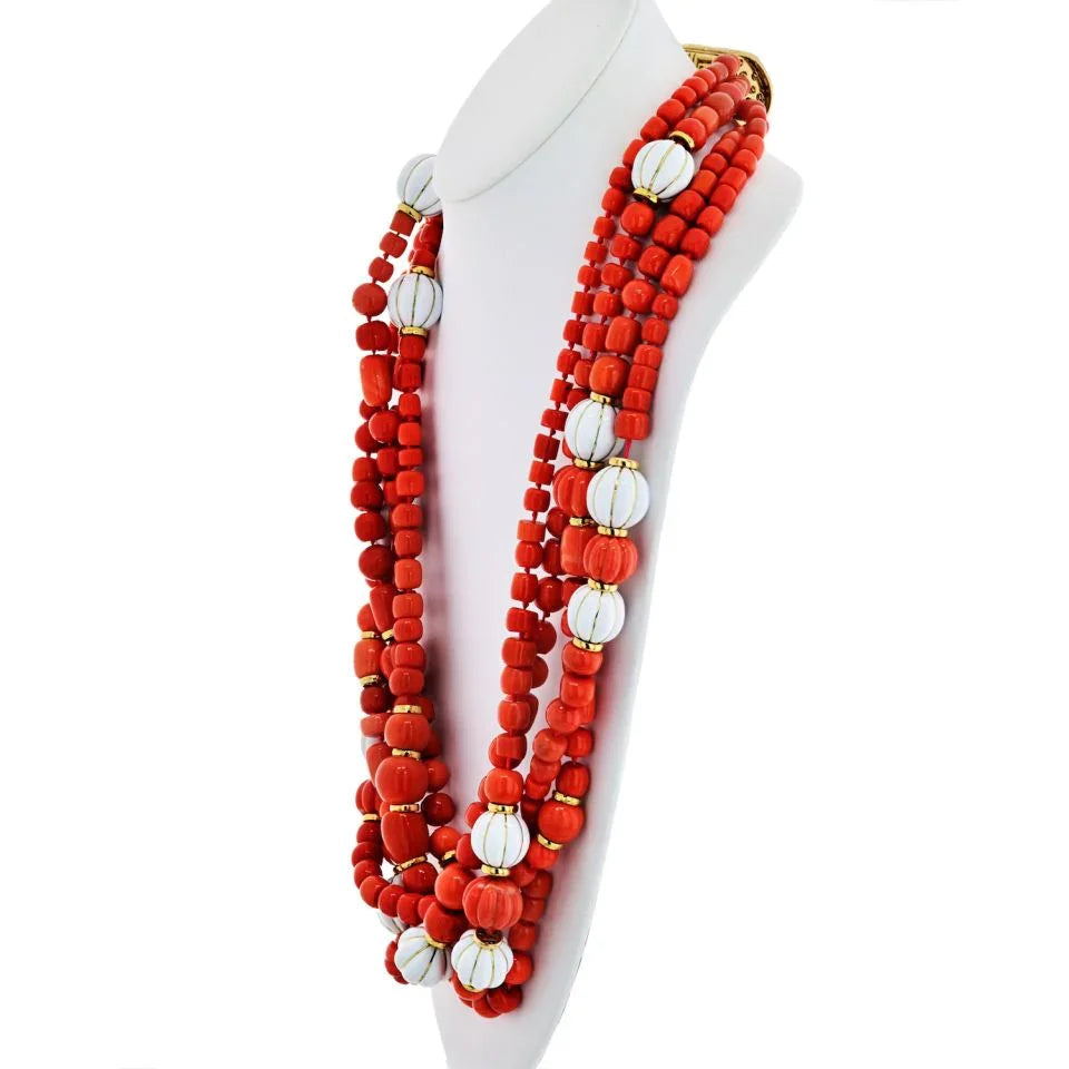 David Webb 18K Yellow Gold Coral And White Enamel Multi-Strand Necklace — view 2 — Laura Milman New York