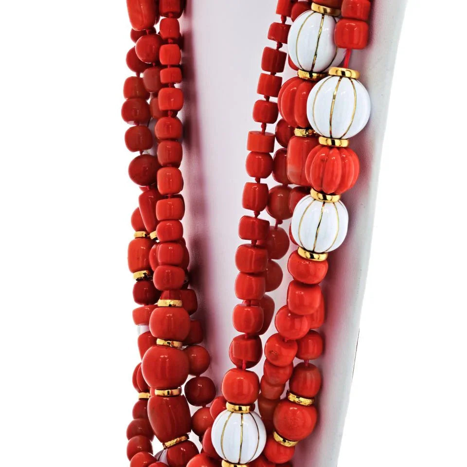 David Webb 18K Yellow Gold Coral And White Enamel Multi-Strand Necklace — view 4 — Laura Milman New York