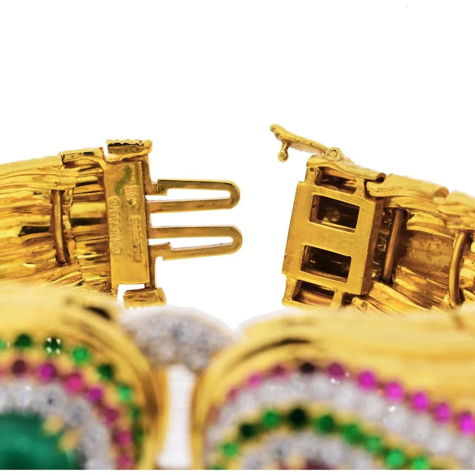 David Webb Platinum & 18K Yellow Gold Raja Tears Green Emeralds, Rubies, Diamonds Bracelet — view 5 — Laura Milman New York