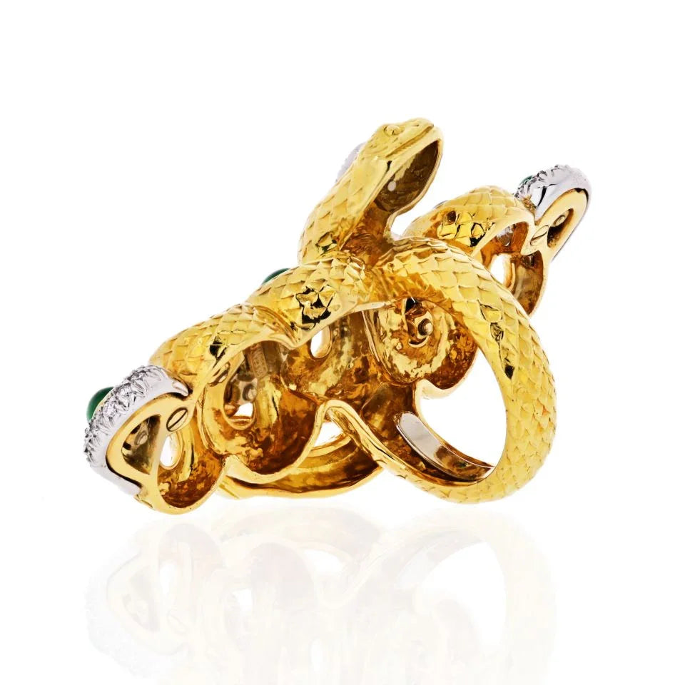 David Webb Kingdom 18K Yellow Gold Two Snakes, Emeralds, Diamonds, Interlocking Ring — view 3 — Laura Milman New York