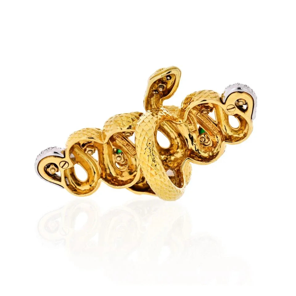 David Webb Kingdom 18K Yellow Gold Two Snakes, Emeralds, Diamonds, Interlocking Ring — view 4 — Laura Milman New York
