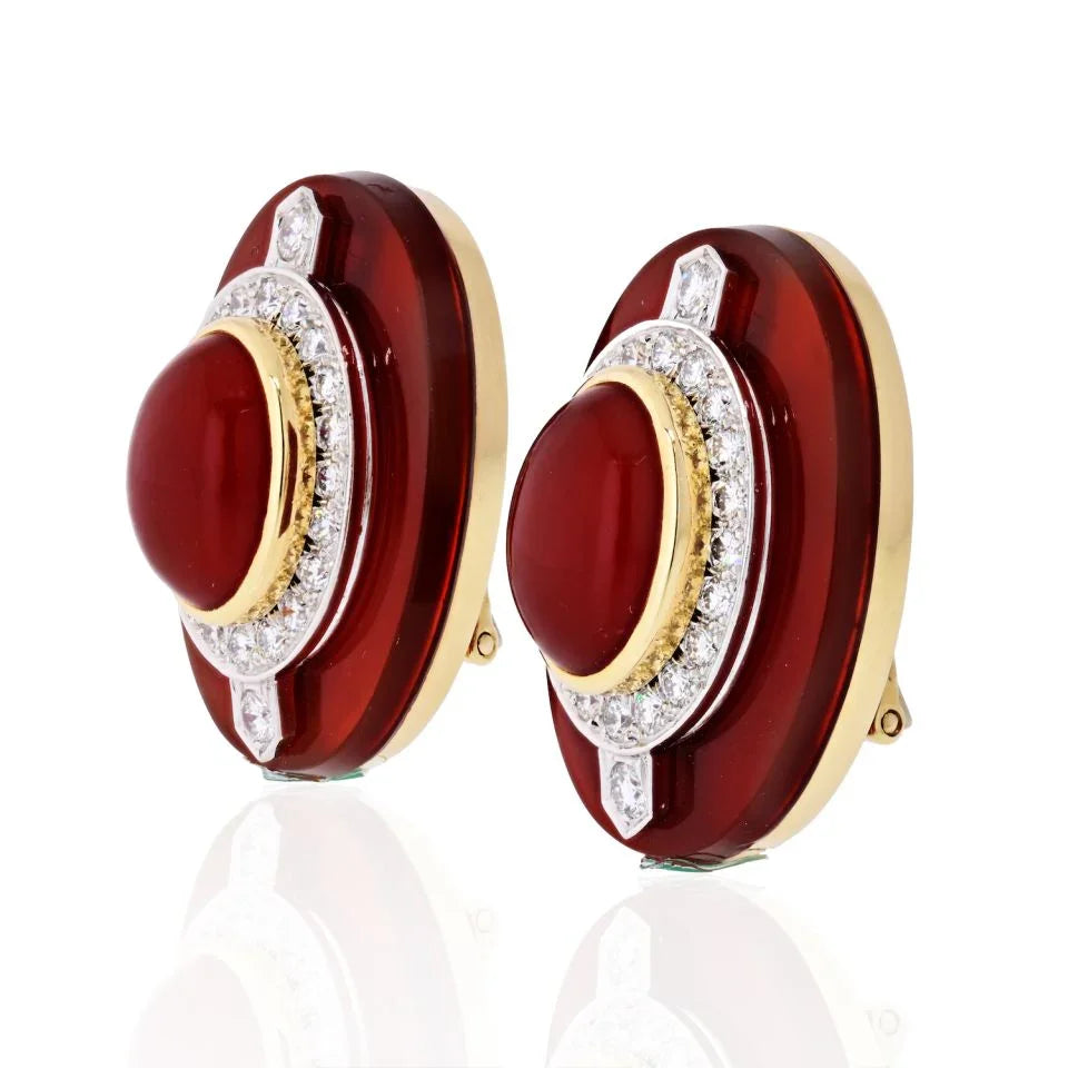 David Webb Carnelian And Diamond Platinum & 18K Yellow Gold Clip Earrings — view 2 — Laura Milman New York