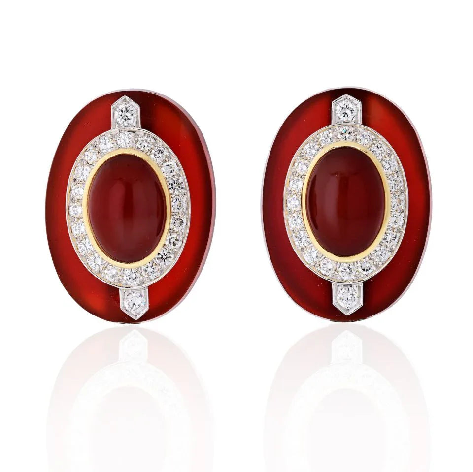 David Webb Carnelian And Diamond Platinum & 18K Yellow Gold Clip Earrings — Laura Milman New York