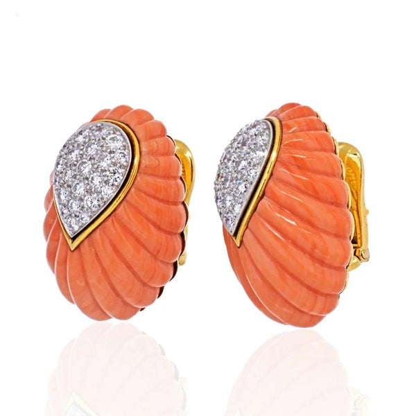 David Webb 1970's Platinum & 18K Yellow Gold Coral And Diamond Earrings — view 2