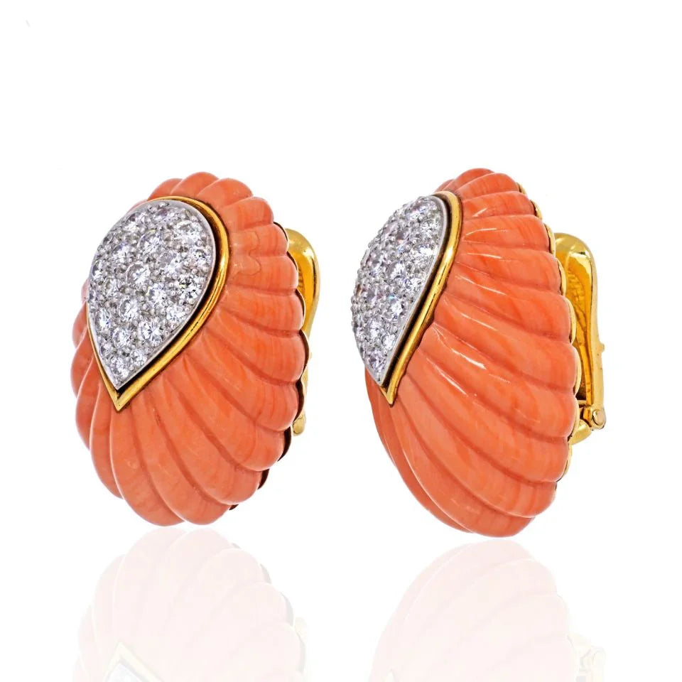 David Webb 1970's Platinum & 18K Yellow Gold Coral And Diamond Earrings — view 2 — Laura Milman New York
