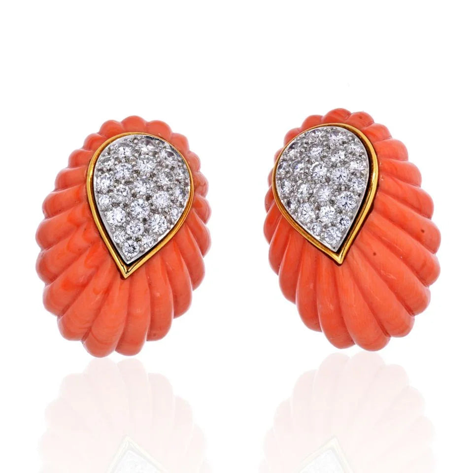 David Webb 1970's Platinum & 18K Yellow Gold Coral And Diamond Earrings — view 5 — Laura Milman New York