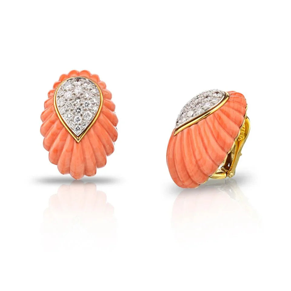 David Webb 1970's Platinum & 18K Yellow Gold Coral And Diamond Earrings — Laura Milman New York