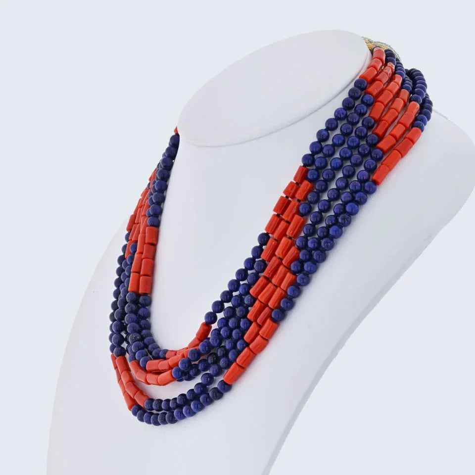 David Webb Platinum & 18K Yellow Gold Multi-Strand Lapis, Coral Necklace — view 2 — Laura Milman New York