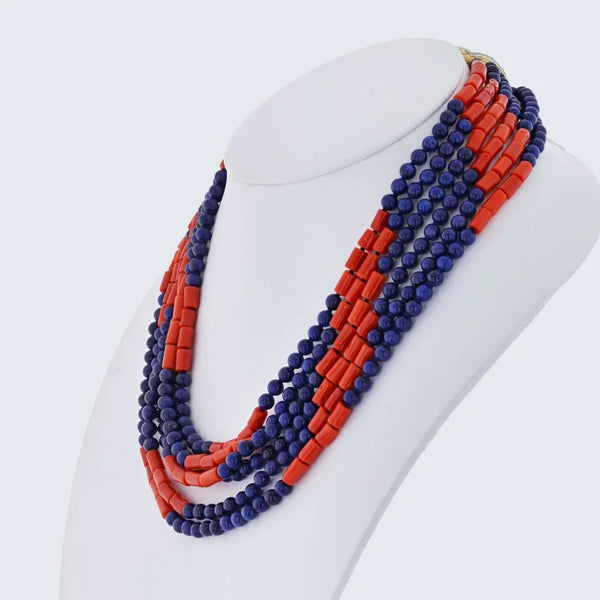 David Webb Platinum & 18K Yellow Gold Multi-Strand Lapis, Coral Necklace — view 2