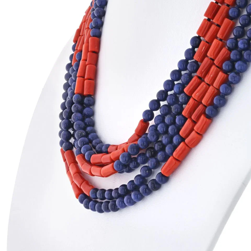 David Webb Platinum & 18K Yellow Gold Multi-Strand Lapis, Coral Necklace — view 4 — Laura Milman New York