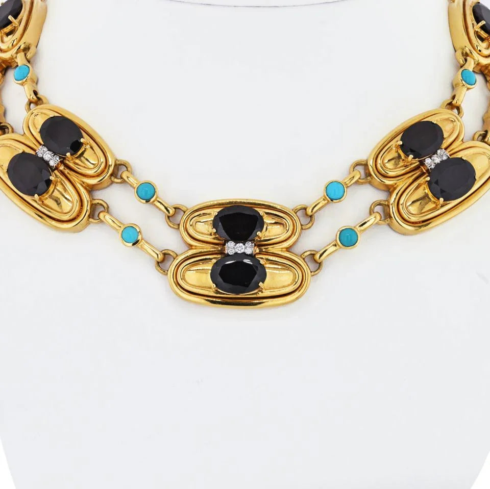 David Webb Platinum & 18K Yellow Gold Garnet, Turquoise & Diamond Necklace — view 3 — Laura Milman New York