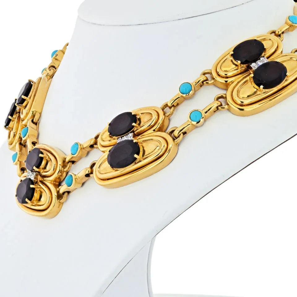 David Webb Platinum & 18K Yellow Gold Garnet, Turquoise & Diamond Necklace — view 4 — Laura Milman New York