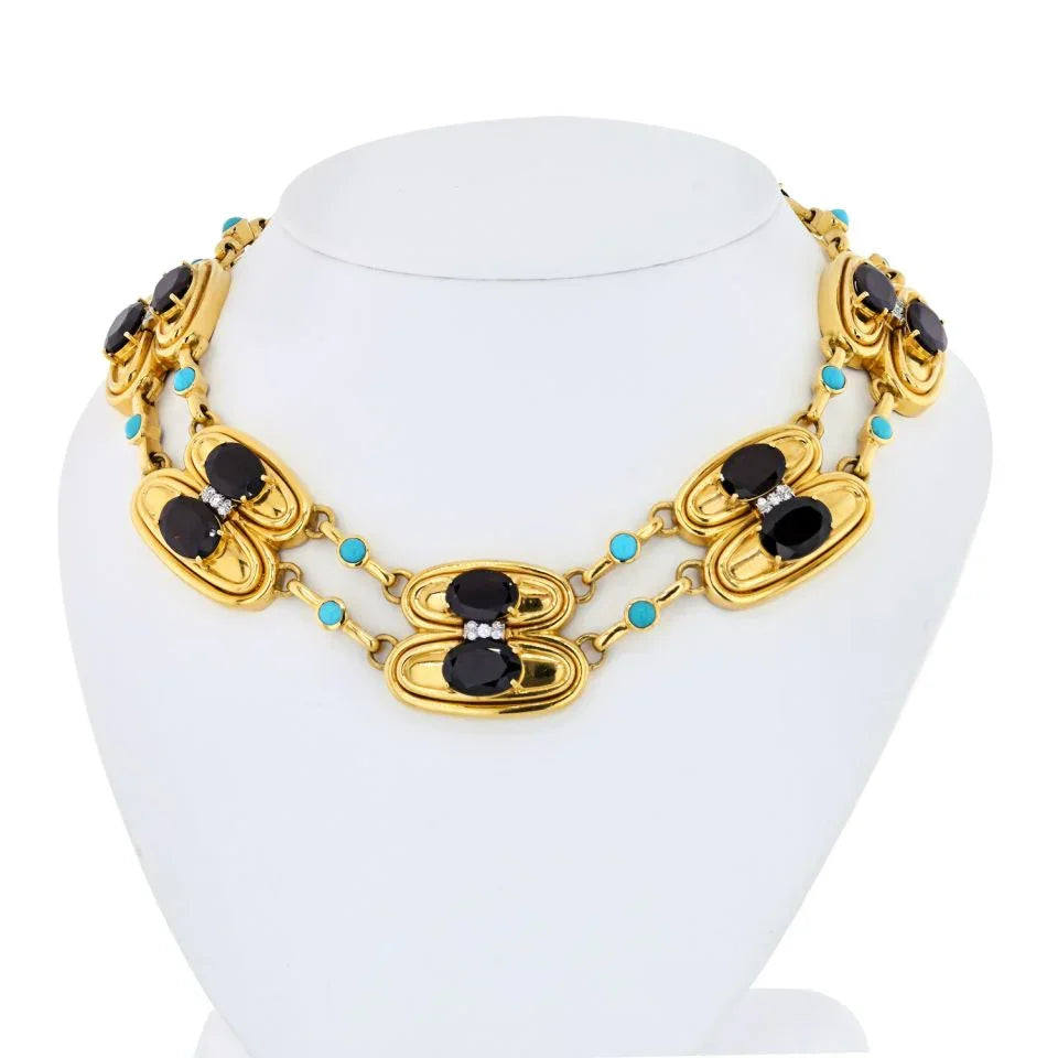 David Webb Platinum & 18K Yellow Gold Garnet, Turquoise & Diamond Necklace — Laura Milman New York