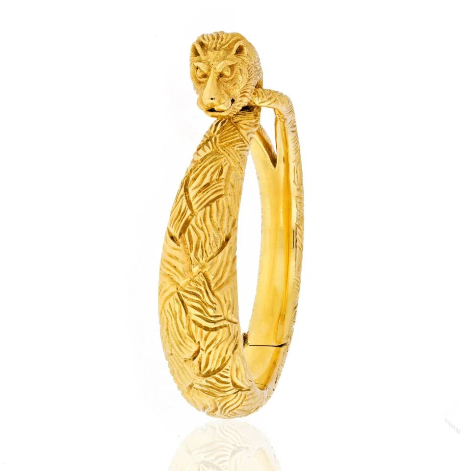 Cartier 18K Yellow Gold Carved Lion Bangle Bracelet — view 3 — Laura Milman New York