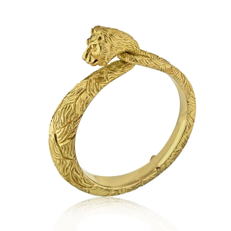 Cartier 18K Yellow Gold Carved Lion Bangle Bracelet — Laura Milman New York