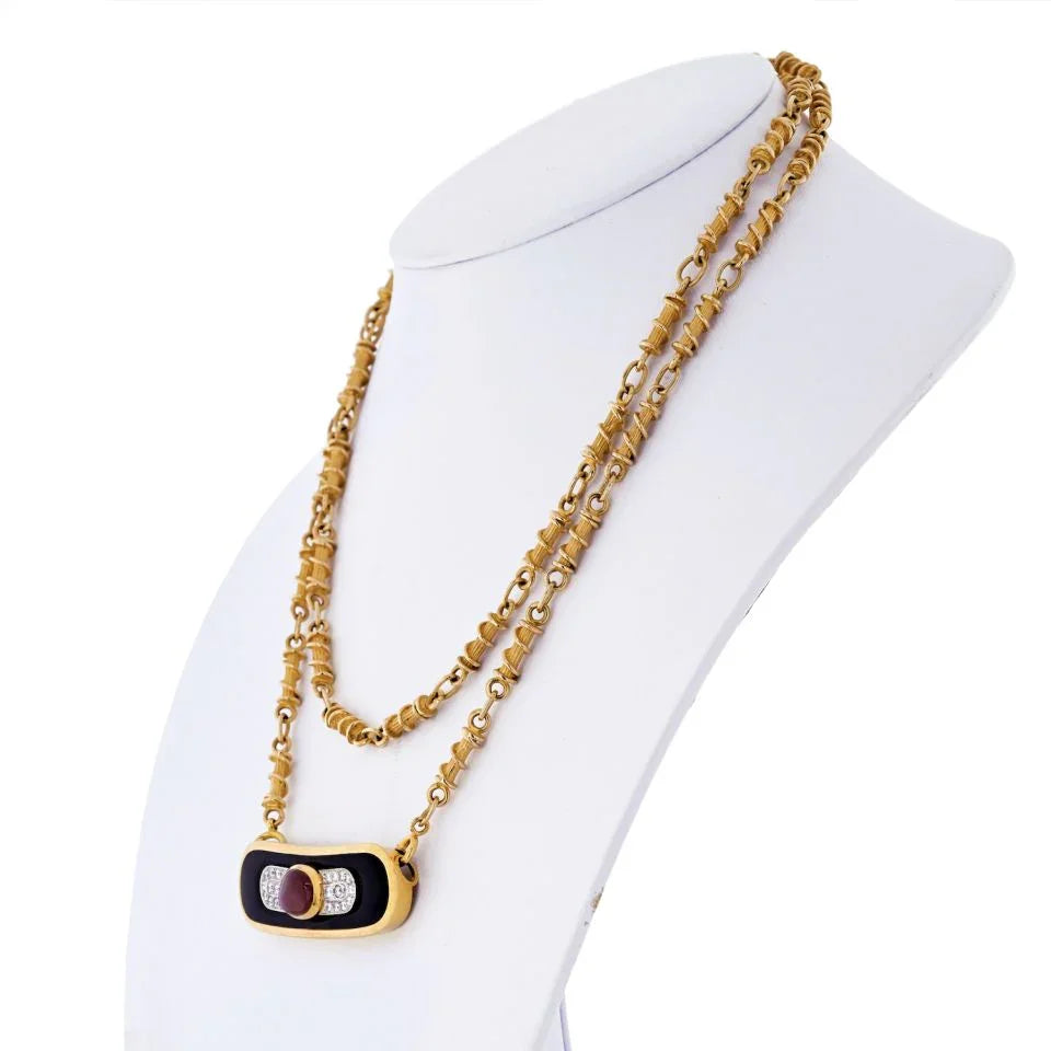 David Webb Platinum & 18K Yellow Gold Ruby, Diamond And Lacquer Pendant Necklace — view 2 — Laura Milman New York