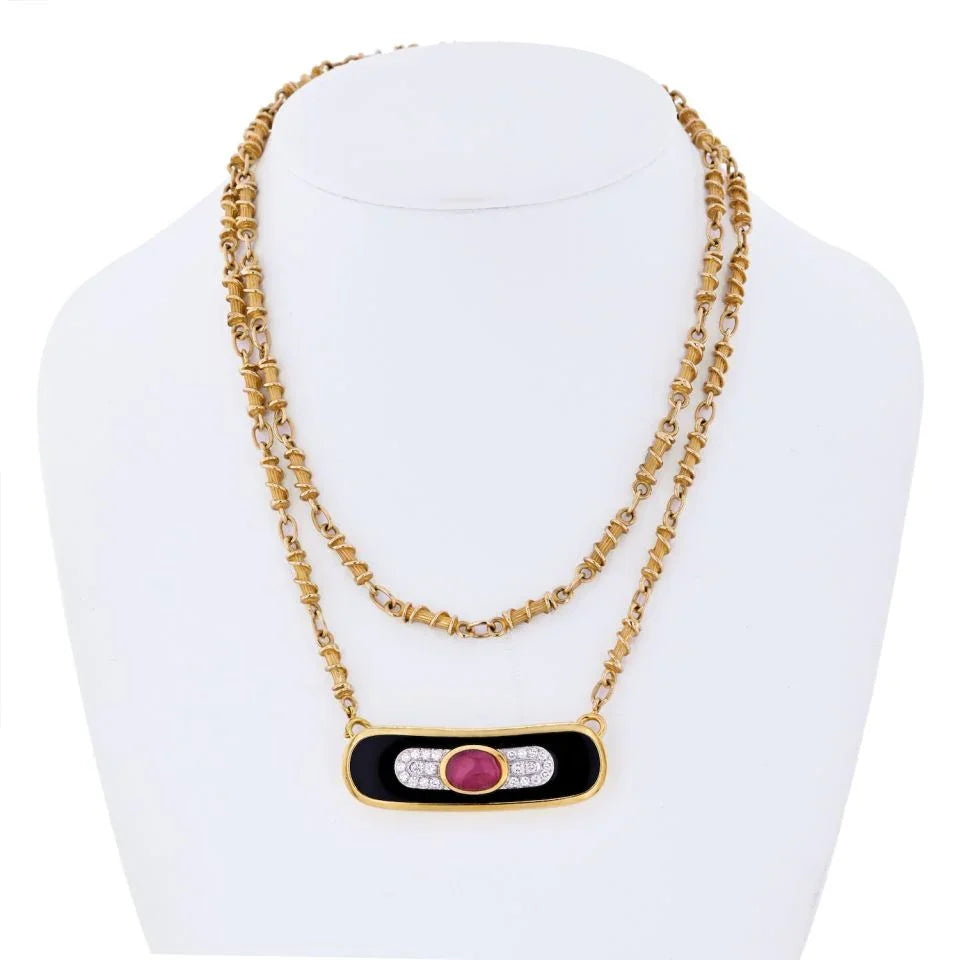 David Webb Platinum & 18K Yellow Gold Ruby, Diamond And Lacquer Pendant Necklace — Laura Milman New York