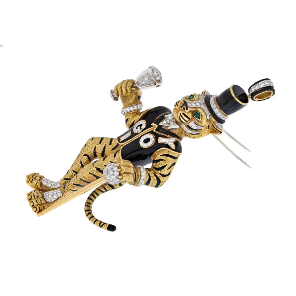 David Webb 18K White Gold Black Enamel Tiger Brooch — view 2 — Laura Milman New York