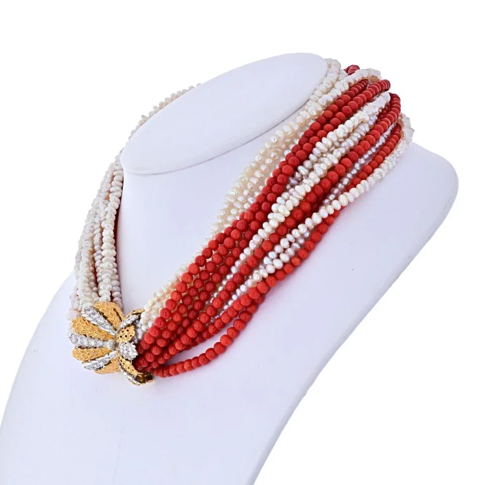 Buccellati 18K Yellow Gold 16 String Coral, Pearl Diamond Clasp Necklace — view 2 — Laura Milman New York